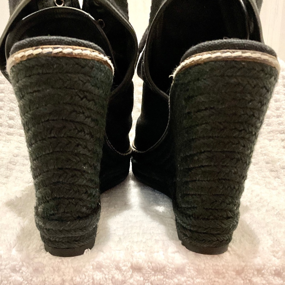TORY BURCH Black and gold Canvas Espadrille Wedge Heel Platform Lace Up Size 7B - Picture 5 of 16